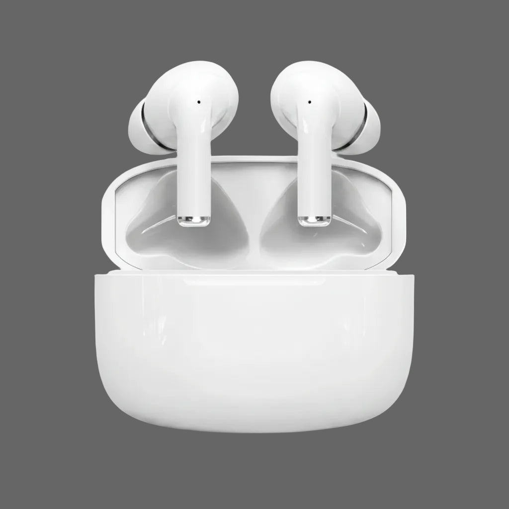 White wireless earbuds in a charging case on a white background
